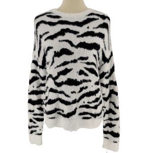 Bar III White Black Fuzzy Zebra Striped Sweater